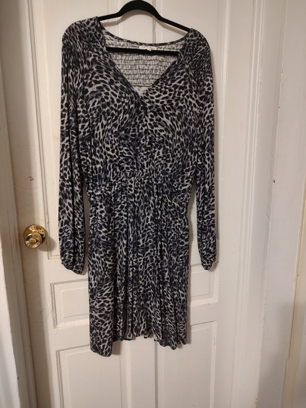 Bella Dahl Black and White Long-Sleeve V-Neck Animal Print Dress